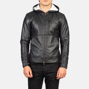 
تفاصيل مقربة of Hooded & Zipper Hardware on Baston Black Hooded Leather Bomber Jacket