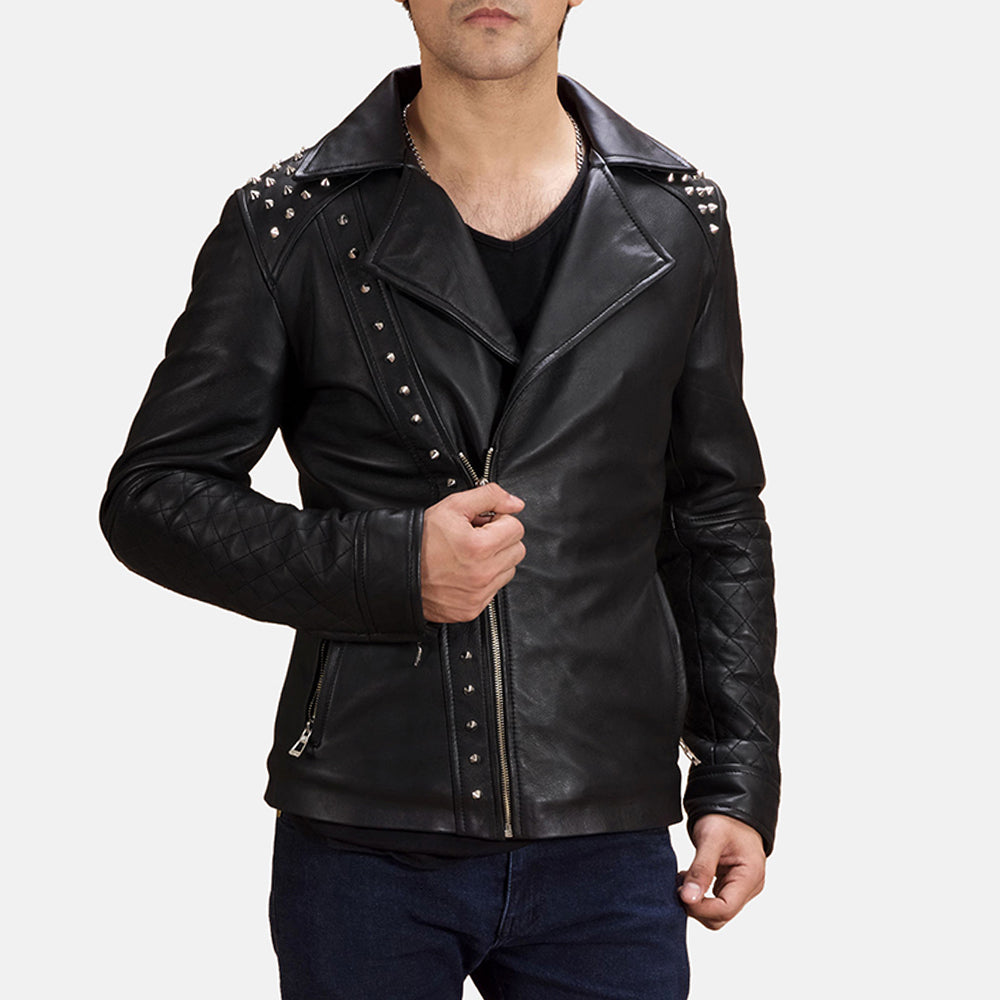 Men's أسود Studded جاكيت بايكر جلد رجالي in Black Sheepskin Leather - Front Profile View &amp; Tailored Silhouette | Buy Online