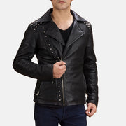 Men's أسود Studded جاكيت بايكر جلد رجالي in Black Sheepskin Leather - Front Profile View &amp; Tailored Silhouette | Buy Online