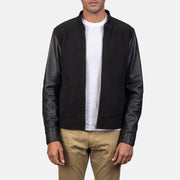 Men's Blain Brown Suede Bomber Jacket in Brown Goatskin Suede - Front Profile View &amp; Tailored Silhouette | Buy Online