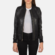 Women's Bliss أسود جاكيت بومبر جلد نسائي in Black Sheepskin Leather - Front Profile View &amp; Tailored Silhouette | Buy Online