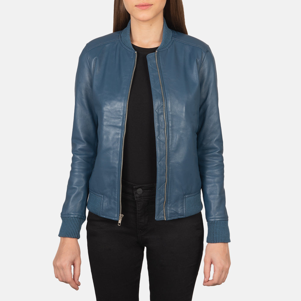 Women's Bliss أزرق جاكيت بومبر جلد نسائي in Blue Sheepskin Leather - Front Profile View &amp; Tailored Silhouette | Buy Online