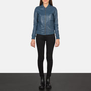 Women's Bliss أزرق جاكيت بومبر جلد نسائي - Lateral Side Profile View Showing Sleeve Cut &amp; Athletic Taper Fit