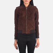 Close-Up Detail of Varsity - Rib Knit &amp; Zipper with Wind Flap Hardware on Women's Bliss بني Suede جاكيت بومبر جلد نسائي