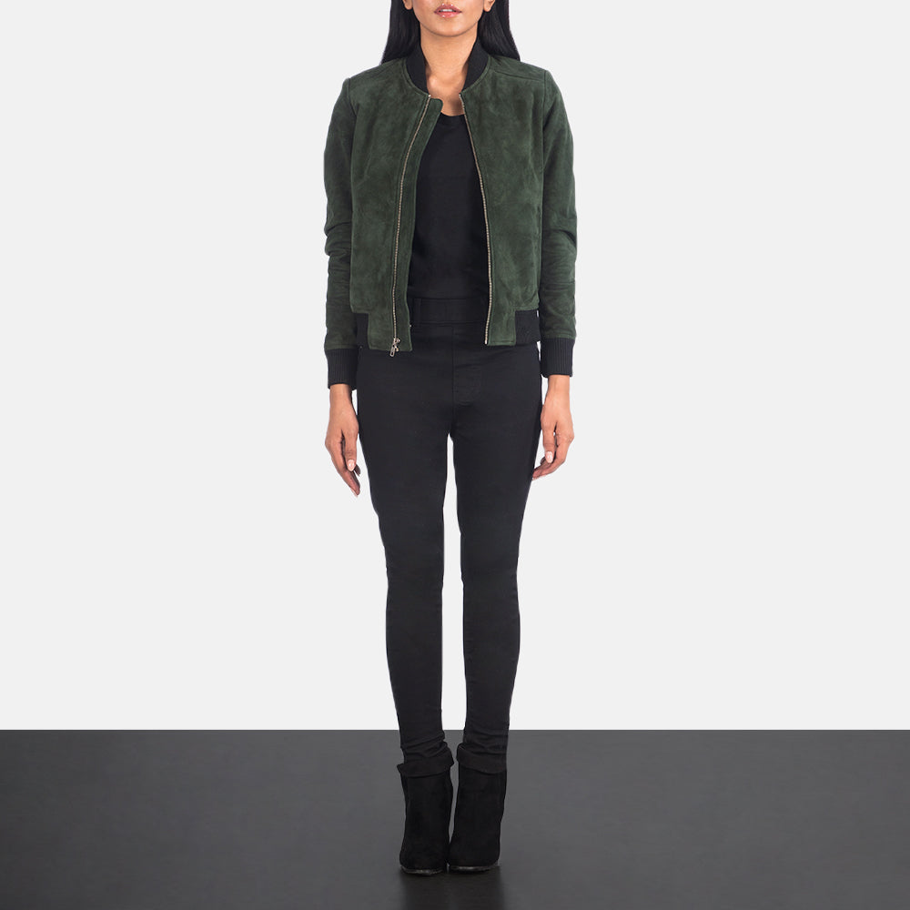 Women's Bliss أخضر Suede جاكيت بومبر جلد نسائي - Lateral Side Profile View Showing Sleeve Cut &amp; Athletic Taper Fit