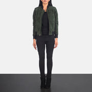 Women's Bliss أخضر Suede جاكيت بومبر جلد نسائي - Lateral Side Profile View Showing Sleeve Cut &amp; Athletic Taper Fit