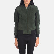 Close-Up Detail of Varsity - Rib Knit &amp; Zipper with Wind Flap Hardware on Women's Bliss أخضر Suede جاكيت بومبر جلد نسائي