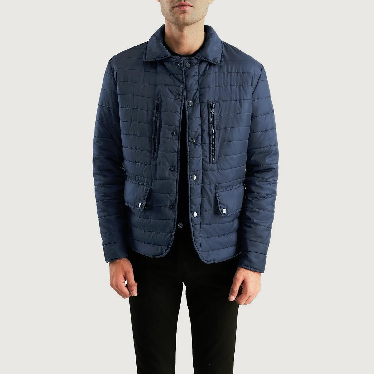 Men's Bo Quilt Windbreaker جاكيت جلد رجالي in Navy Blue Nylon - Front Profile View &amp; Tailored Silhouette | Buy Online