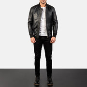 Men's Bomia Ma-1 Black Leather Bomber Jacket - Lateral Side Profile View Showing Sleeve Cut &amp; Athletic Taper Fit