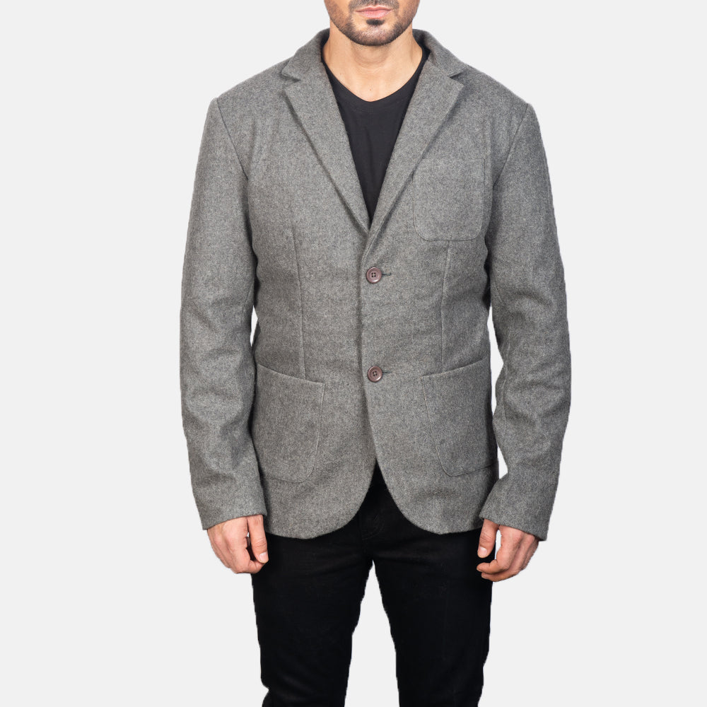 Close-Up Detail of Notch &amp; Button Hardware on Men's Grey Wool Blazer