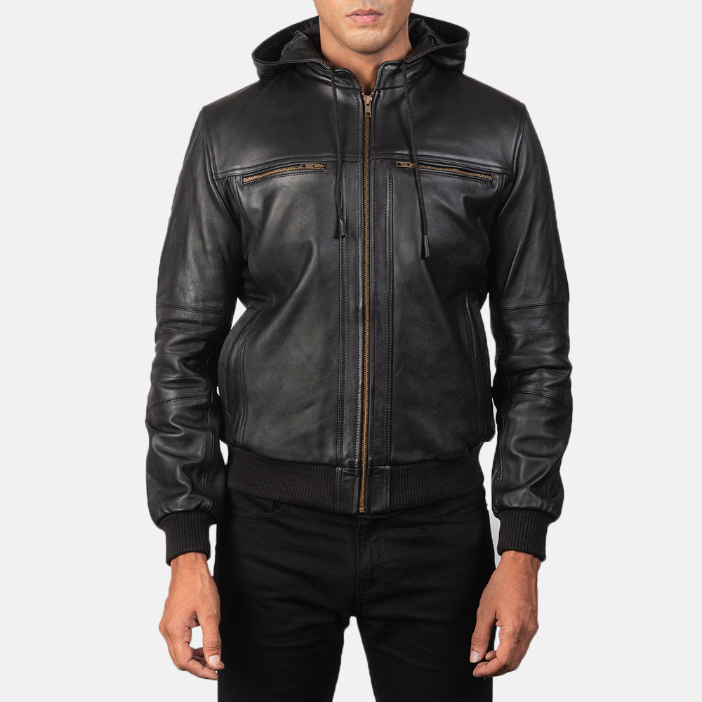 
Bouncer Biz Black Leather Hooded Bomber Jacket - عرض جانبي يوضح قَصّة الأكمام المريحة