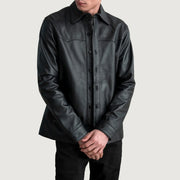Bronco أسود Leather Shirt رجالي in Black Sheepskin Leather - Front Profile View &amp; Tailored Silhouette | Buy Online