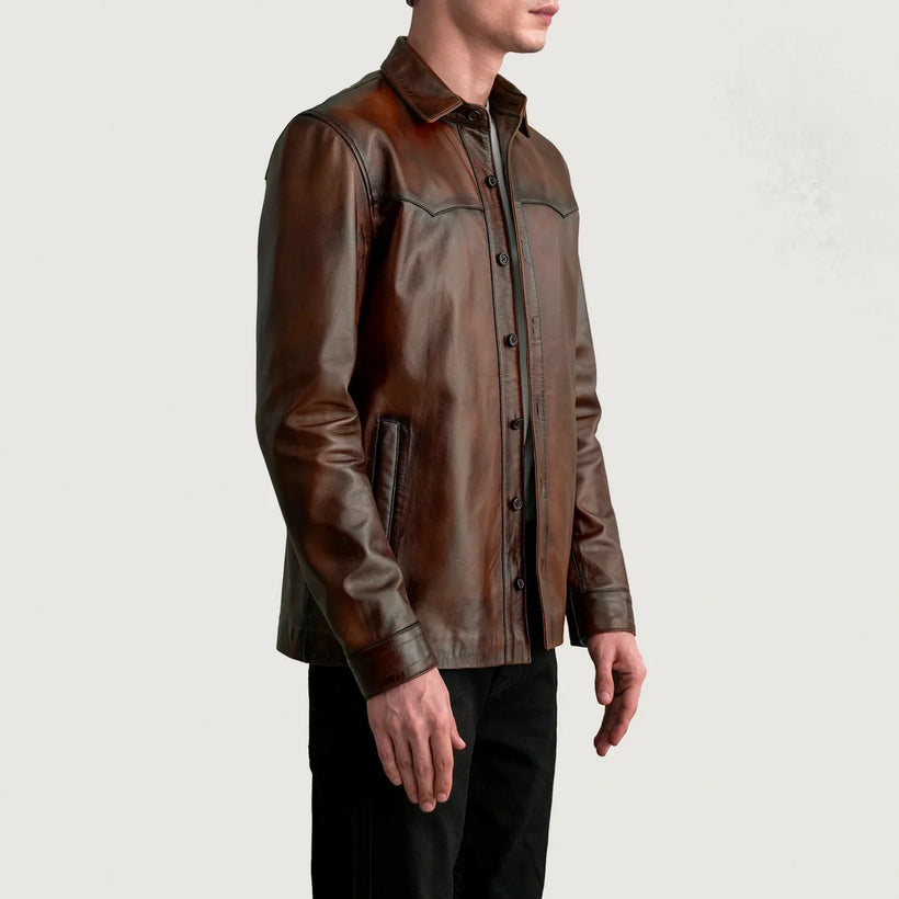Bronco Distressed بني Leather Shirt رجالي