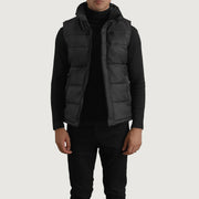 Bryan أسود Puffer Vest رجالي in Black Full-Grain Leather - Front Profile View &amp; Tailored Silhouette | Buy Online