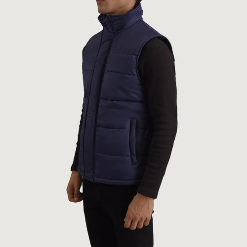 Blue Full-Grain leather Vest - Back View Showing Tailored Shoulder Fit & Clean Hemline