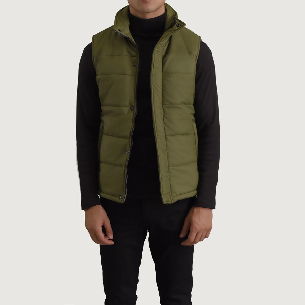 Bryan أخضر Puffer Vest رجالي in Green Full-Grain Leather - Front Profile View &amp; Tailored Silhouette | Buy Online