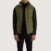 Bryan أخضر Puffer Vest رجالي in Green Full-Grain Leather - Front Profile View &amp; Tailored Silhouette | Buy Online