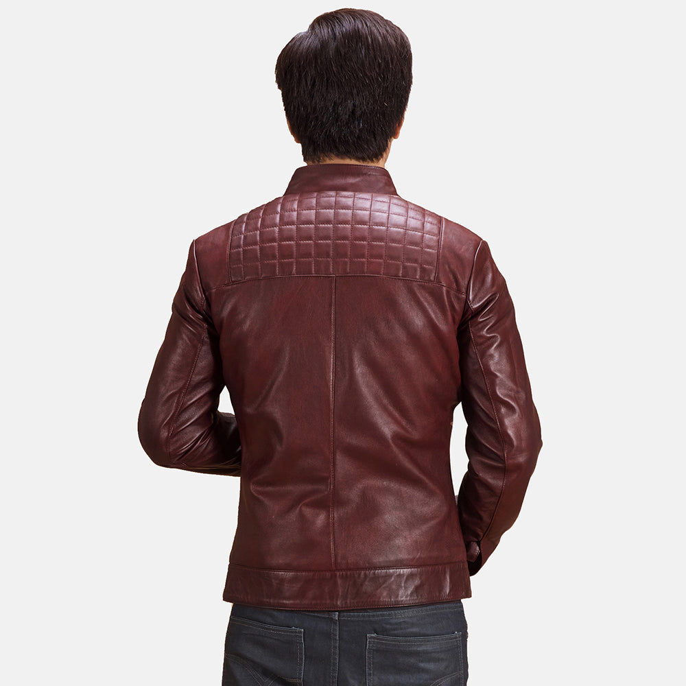 
تفاصيل مقربة of Band with Snap Button & Zipper Hardware on Burgunn Dee عنابي جاكيت بايكر جلد طبيعي رجالي