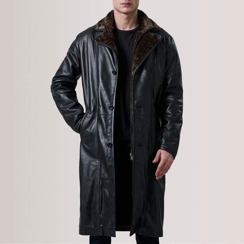 Cai أسود Leather Shearling معطف جلد رجالي