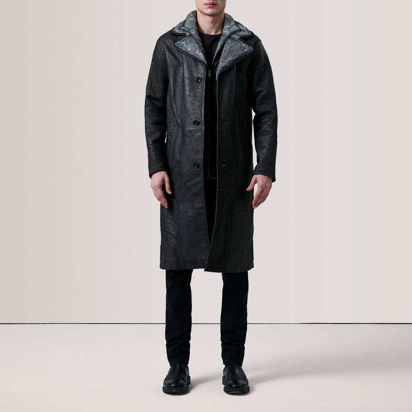 Cai Distressed أسود Leather Shearling معطف جلد رجالي
