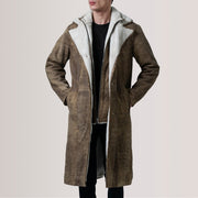 Cai Distressed بني Leather Shearling معطف جلد رجالي For Men in Distressed Brown Sheepskin Snuffed - Front Profile View &amp; Tailored Silhouette | Buy Online