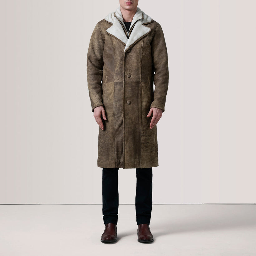 Cai Distressed بني Leather Shearling معطف جلد رجالي