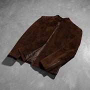 Styled Fit Perspective of Men's Charcoal Mocha Suede جاكيت بايكر جلد رجالي on Model - Natural Daylight Drape