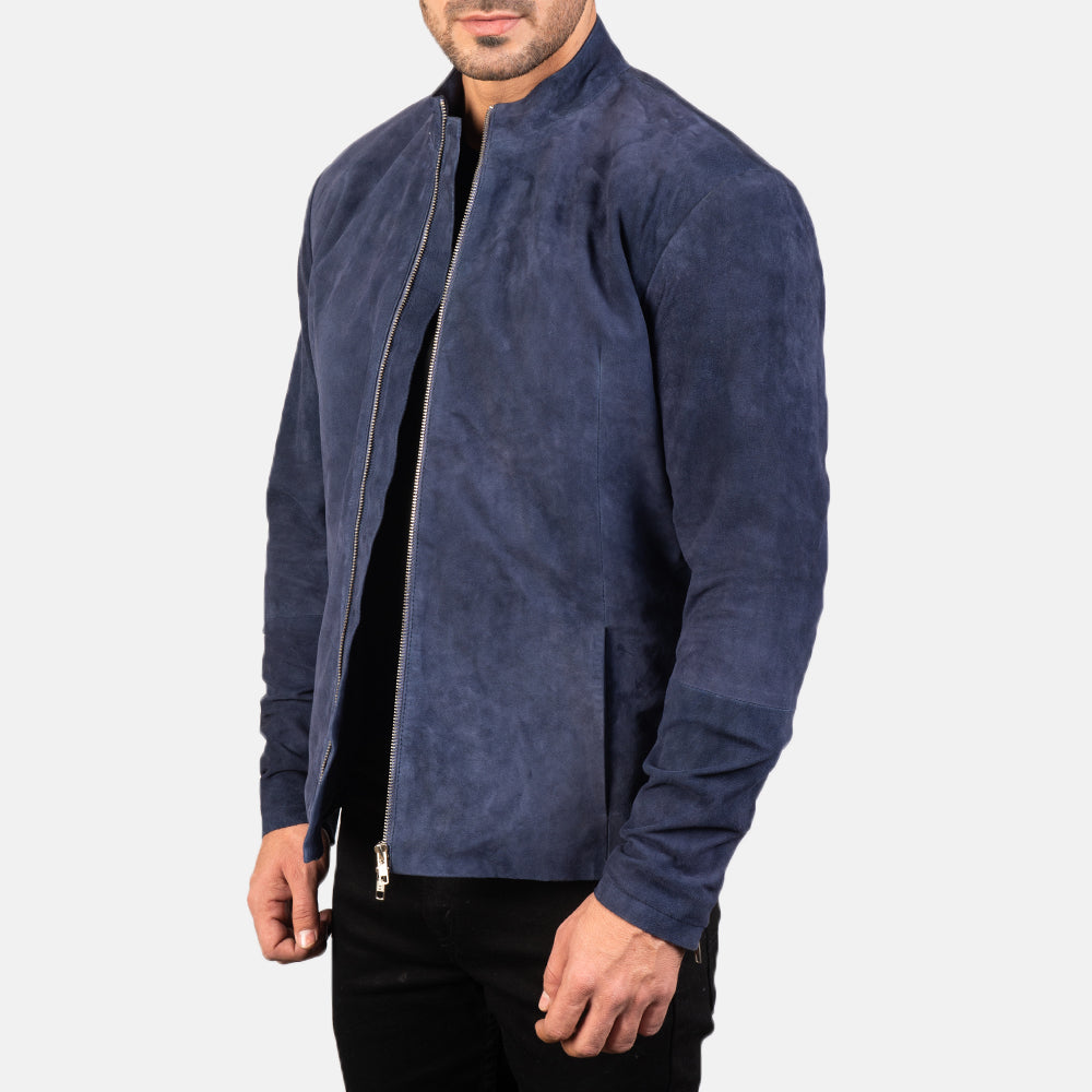 Navy Blue Goatskin Suede Biker Jacket - Back View Showing Tailored Shoulder Fit &amp; Clean Hemline