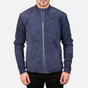 Close-Up Detail of Mandarin &amp; Zipper with Dual Puller Hardware on Men's Charcoal Navy أزرق Suede جاكيت بايكر جلد رجالي