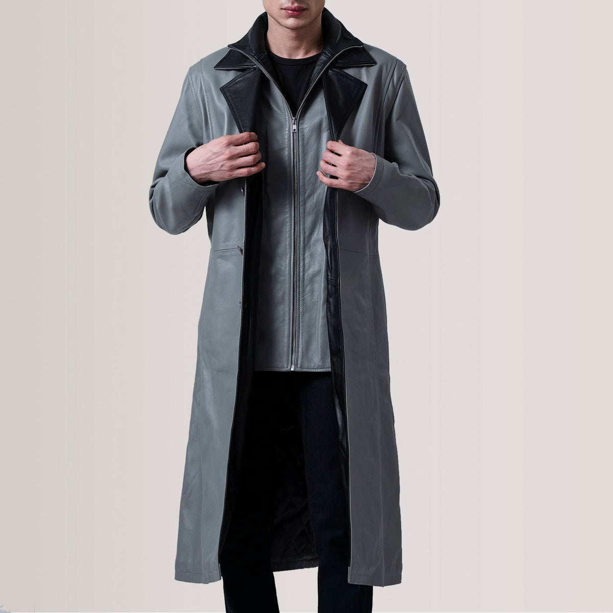 Charlton Grey Leather Single Breasted معطف جلد رجالي For Men in Grey Sheepskin Leather - Front Profile View &amp; Tailored Silhouette | Buy Online
