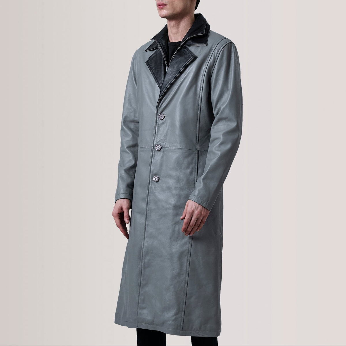 Charlton Grey Leather Single Breasted معطف جلد رجالي For Men - Lateral Side Profile View Showing Sleeve Cut &amp; Athletic Taper Fit