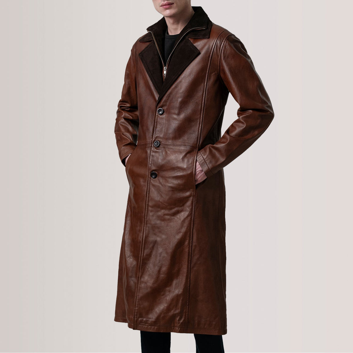 
Charlton Waxed بني Leather Single Breasted معطف جلد فاخر رجالي For Men - عرض جانبي يوضح قَصّة الأكمام المريحة
