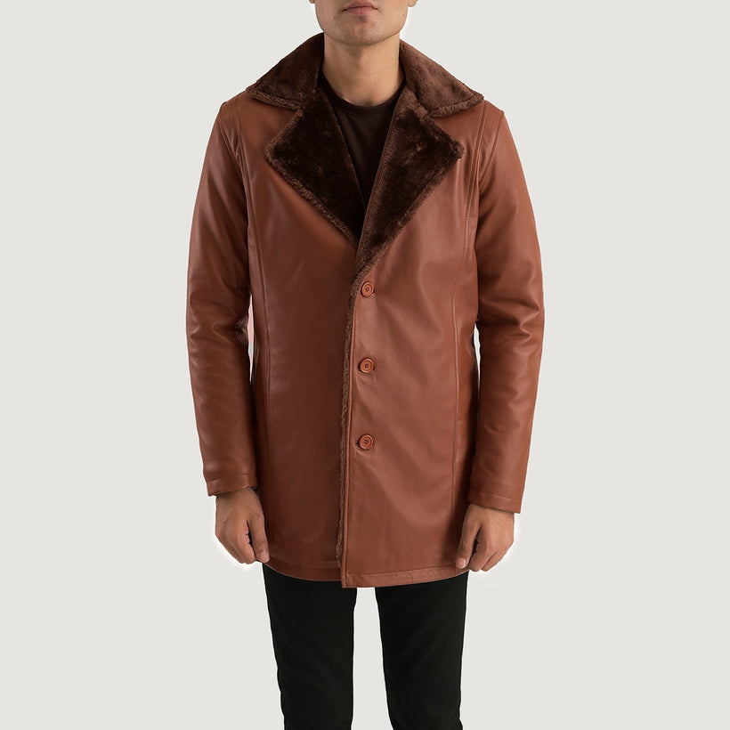 Men's Cinnamon Brown Leather Fur Coat in Brown Sheepskin Burnishing - Front Profile View & Tailored Silhouette | Buy Online