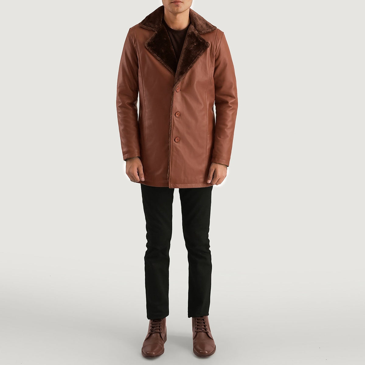 
Cinnamon بني Leather Fur معطف جلد فاخر رجالي - عرض جانبي يوضح قَصّة الأكمام المريحة