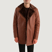 
تفاصيل مقربة of Shirt & Button Hardware on Cinnamon بني Leather Fur معطف جلد فاخر رجالي