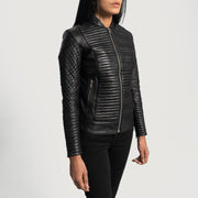 
Black Sheepskin Leather Biker Jacket - عرض خلفي يوضح تفصيل الأكتاف المتقن والحاشية النظيفة