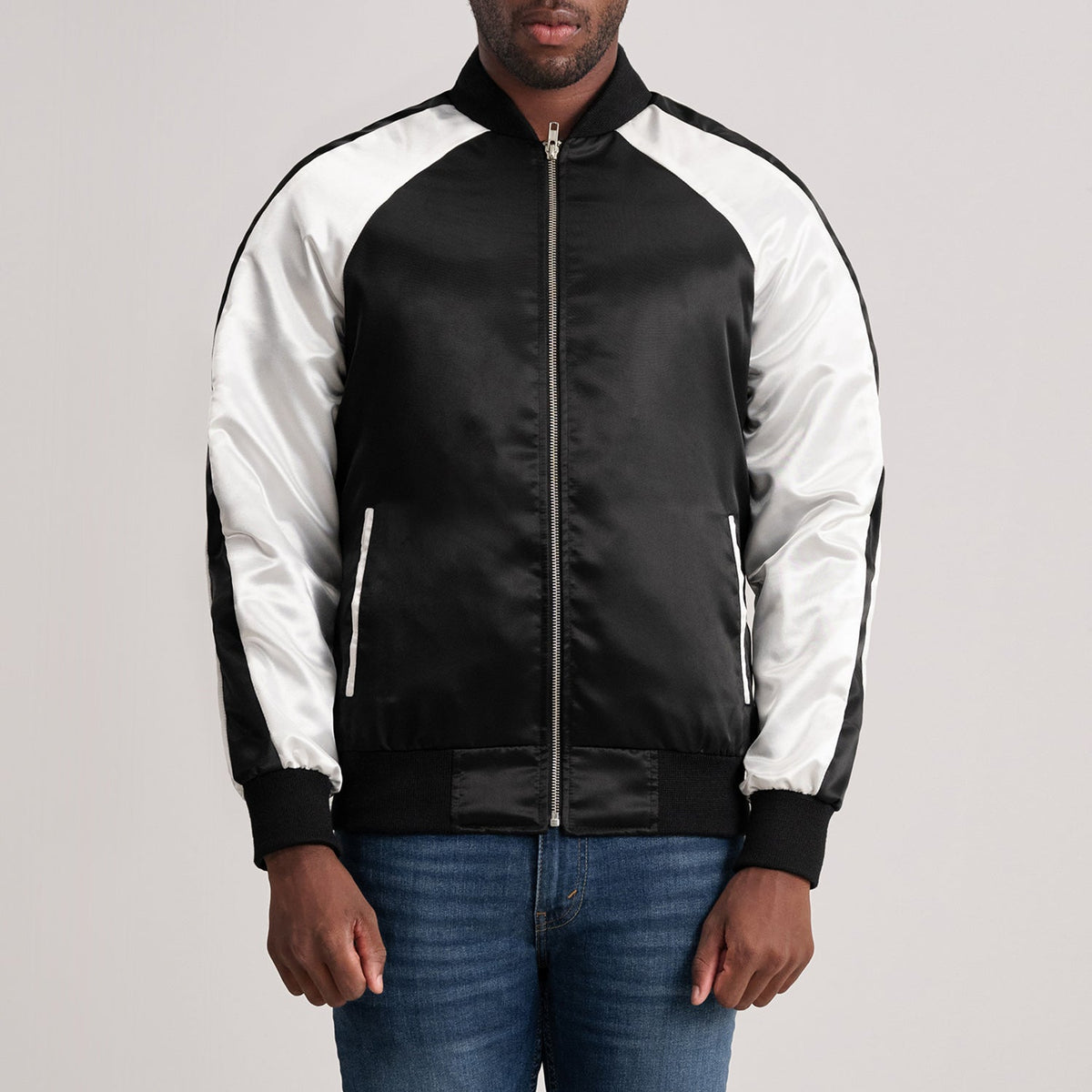 Clarke أسود Varsity جاكيت جلد رجالي in Black &amp; White Satin - Front Profile View &amp; Tailored Silhouette | Buy Online
