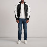 Close-Up Detail of Varsity &amp; Zipper Hardware on Clarke أسود Varsity جاكيت جلد رجالي