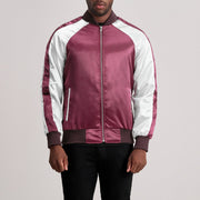 Clarke عنابي Varsity جاكيت جلد رجالي in Maroon &amp; White Satin - Front Profile View &amp; Tailored Silhouette | Buy Online