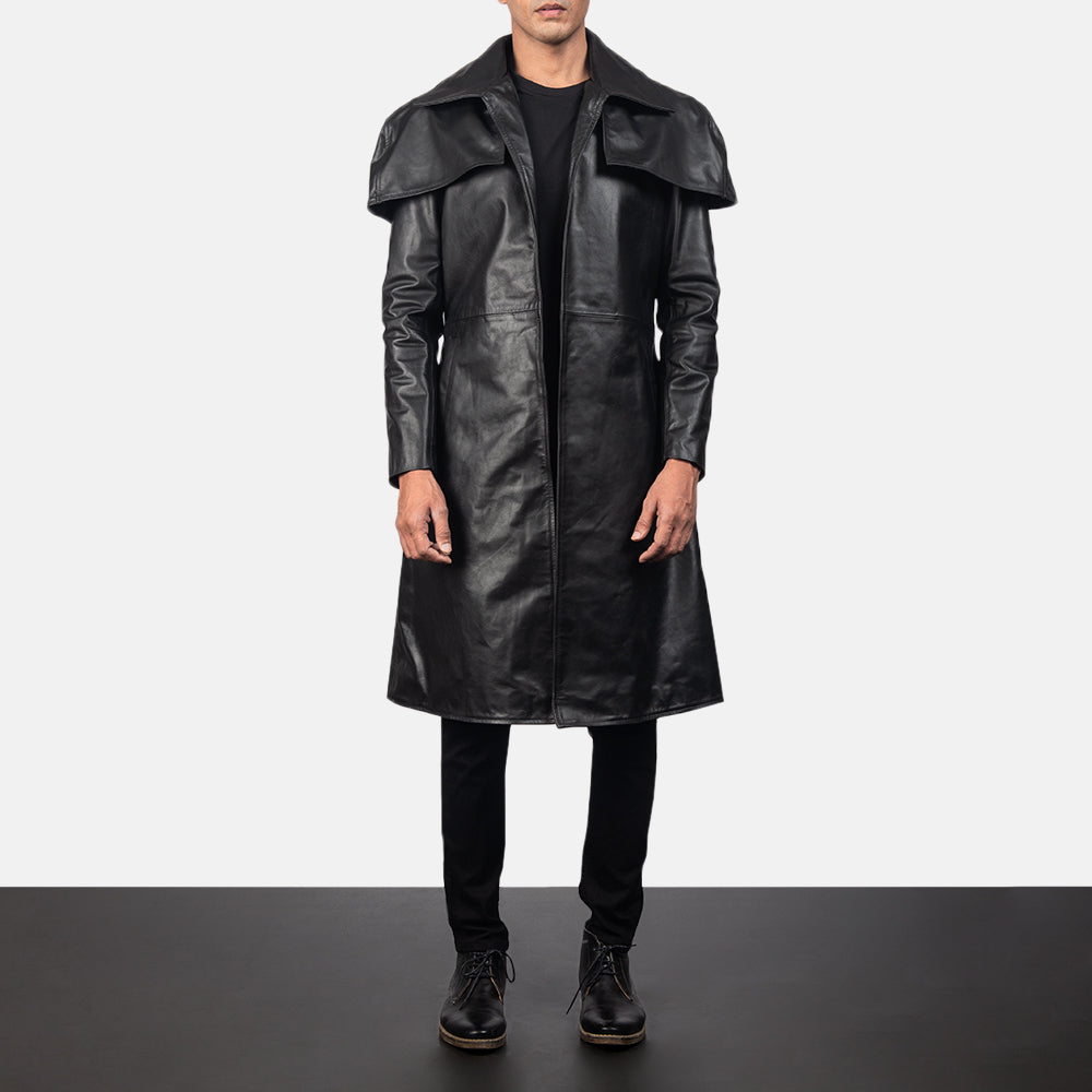 Men's Classic أسود Leather Duster رجالي in Black Cowhide Leather - Front Profile View &amp; Tailored Silhouette | Buy Online
