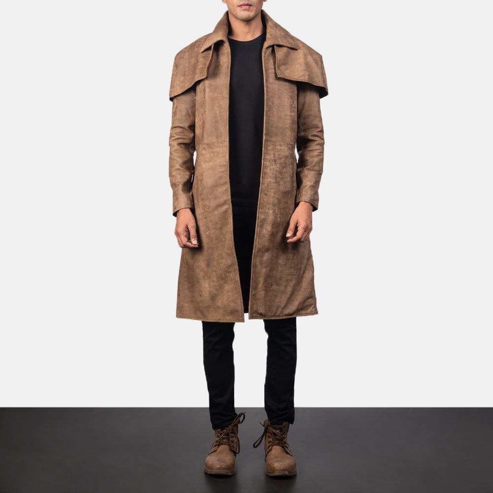 
Classic بني Leather Duster رجالي in Distressed Brown Sheepskin Snuffed - عرض أمامي وقَصّة مفصلة أنيقة | شراء أونلاين عبر المتجر الرسمي