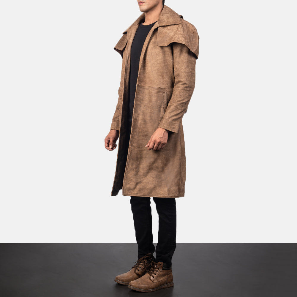 
Distressed Brown Sheepskin Snuffed Trench Coat - عرض خلفي يوضح تفصيل الأكتاف المتقن والحاشية النظيفة