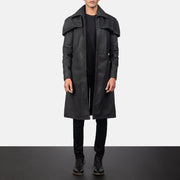 Men's Classic Distressed أسود Leather Duster رجالي in Distressed Black Sheepskin Snuffed - Front Profile View &amp; Tailored Silhouette | Buy Online