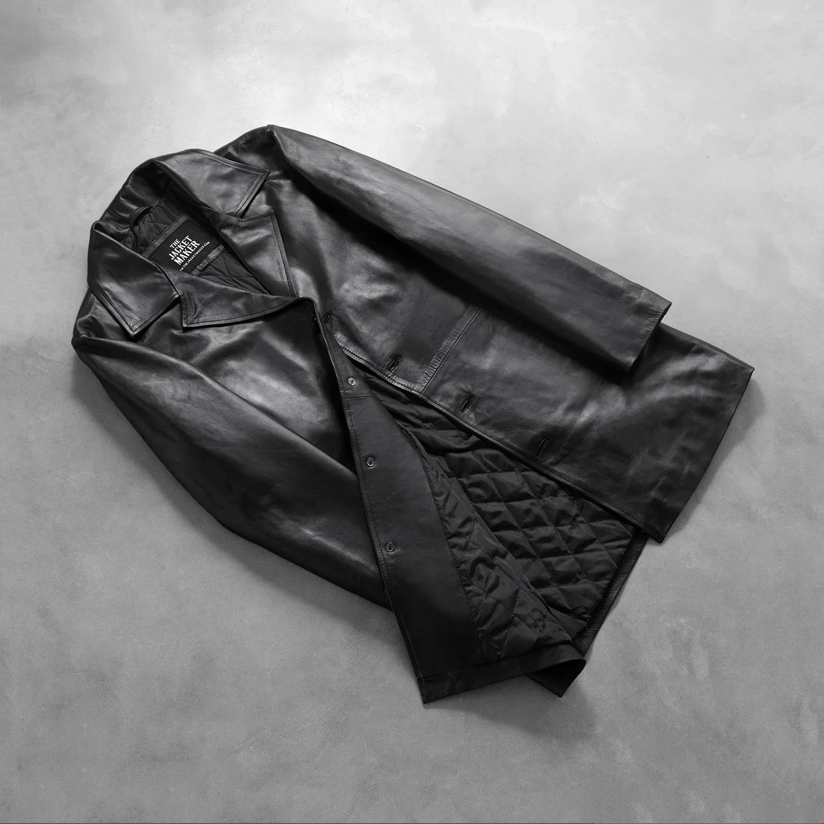 Styled Fit Perspective of Men's Classmith Black Leather Coat on Model - Natural Daylight Drape