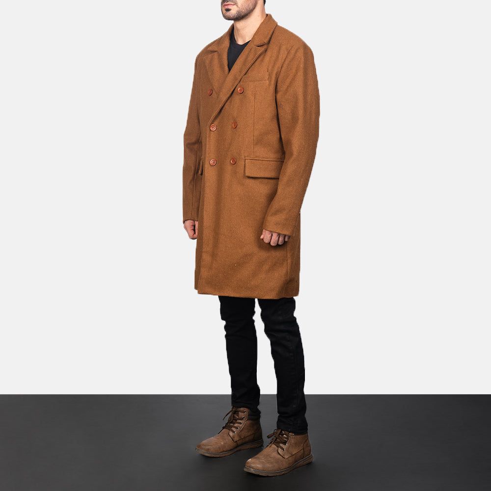 
Khaki Synthetic Wool Trench Coat - عرض خلفي يوضح تفصيل الأكتاف المتقن والحاشية النظيفة