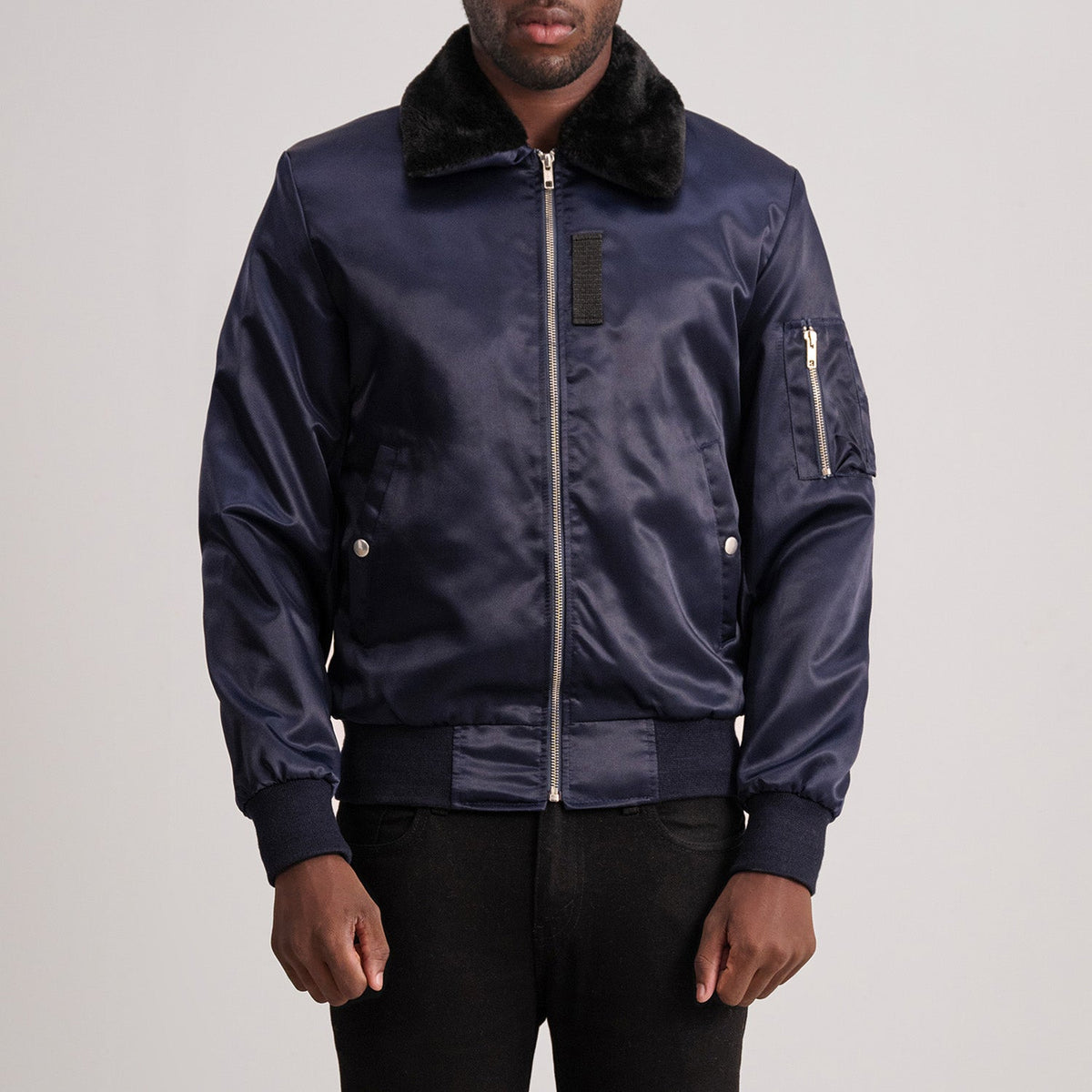 Clyde B-15 أزرق جاكيت بومبر جلد رجالي in Blue Satin - Front Profile View &amp; Tailored Silhouette | Buy Online