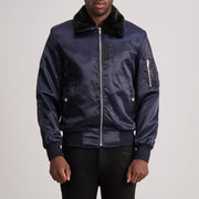 Clyde B-15 أزرق جاكيت بومبر جلد رجالي in Blue Satin - Front Profile View &amp; Tailored Silhouette | Buy Online