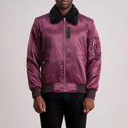 Clyde B-15 عنابي جاكيت بومبر جلد رجالي in Maroon Satin - Front Profile View &amp; Tailored Silhouette | Buy Online