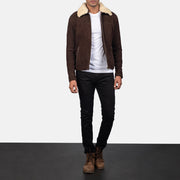 Men's Coffner بني Shearling Fur جاكيت جلد رجالي - Lateral Side Profile View Showing Sleeve Cut &amp; Athletic Taper Fit