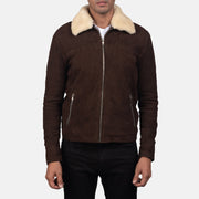 Close-Up Detail of Shirt with Removable Fur Collar &amp; Zipper Hardware on Men's Coffner بني Shearling Fur جاكيت جلد رجالي